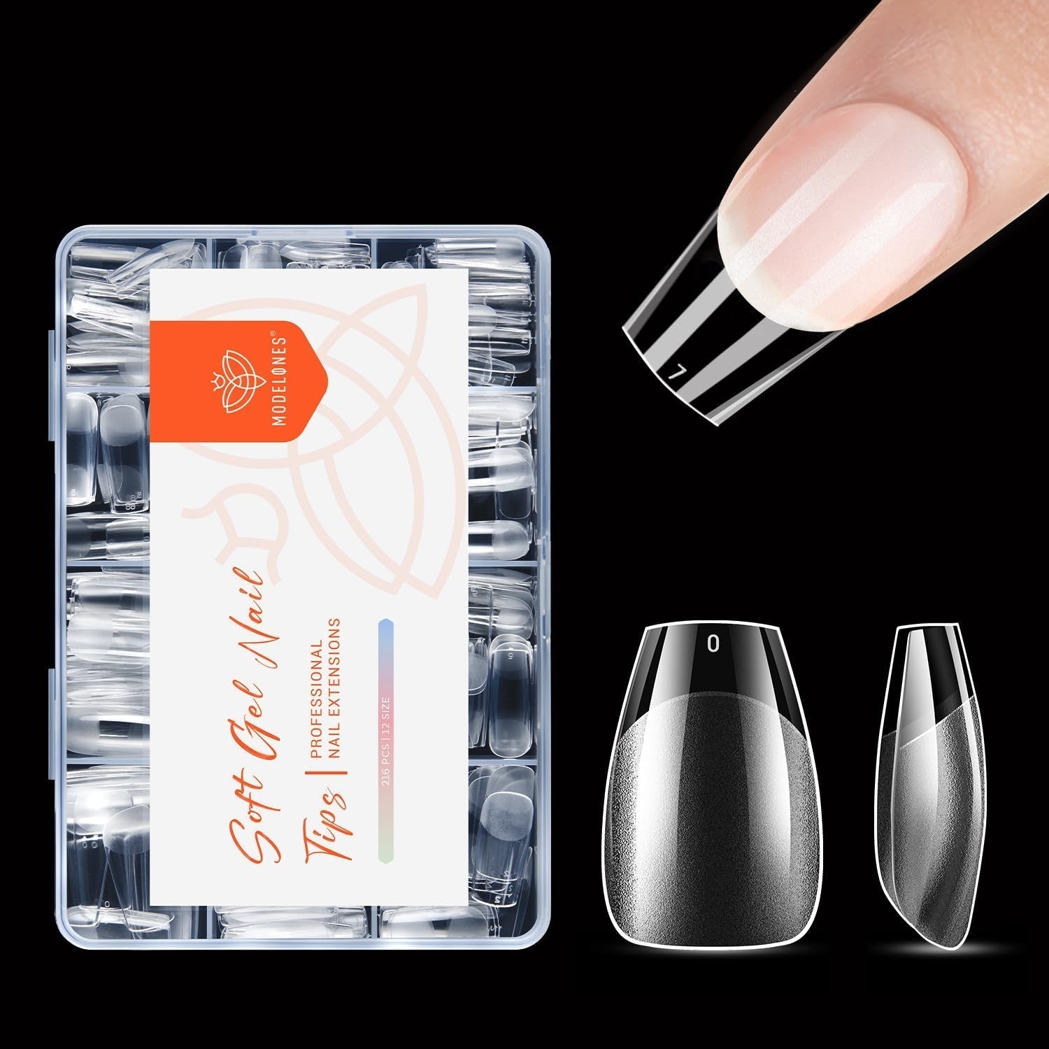 Modelones Nail Tips 216 pièces – Ensemble de pointes d'ongles à couverture complète, ensemble de pointes en gel souple, pointes d'ongles en résine PMMA pré-polissage, colle DIY sur ongles artificiels Nail Art, amandes courtes XS