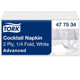 Serviettes Tork Cocktail blanches, pli 1/4, 2 épaisseurs, 24 cm × 24 cm, 200 serviettes, 477534