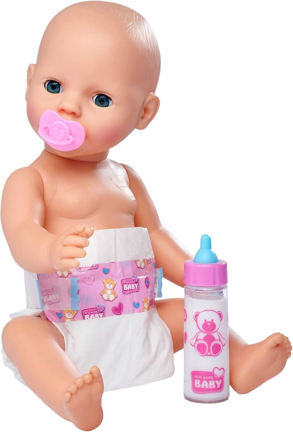 Simba 105562487 - New Born Baby First Nursing Set, tétine, couche et biberon avec contenu disparaissant, pour poupées 38-43 cm Naty Shop Dolls