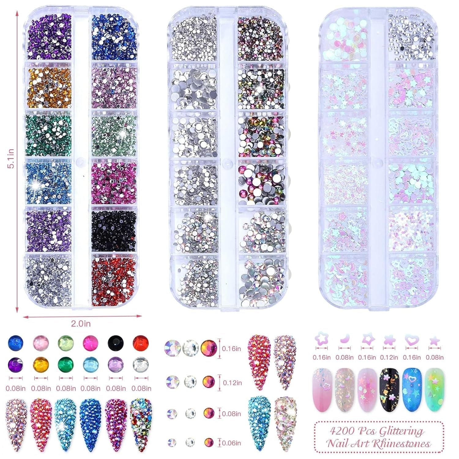 4200 pièces de pierres à strass pour les ongles, les paillettes, les paillettes, les colliers de strass avec les cristaux, les pierres à ongles, les diamants pour l'art des bijoux, un fond de teint unique pour les pierres à strass et les cueilleurs de strass