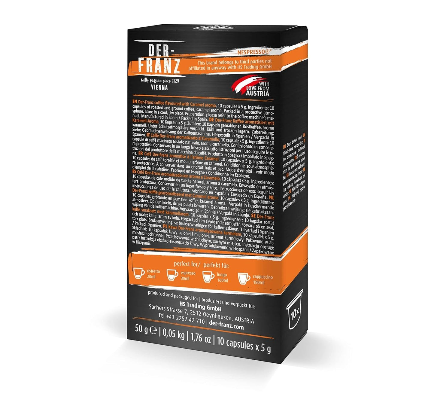 Capsules de café compatibles Nespresso Der-Franz, 6 x 10 capsules, arôme caramel, torréfaction moyenne
