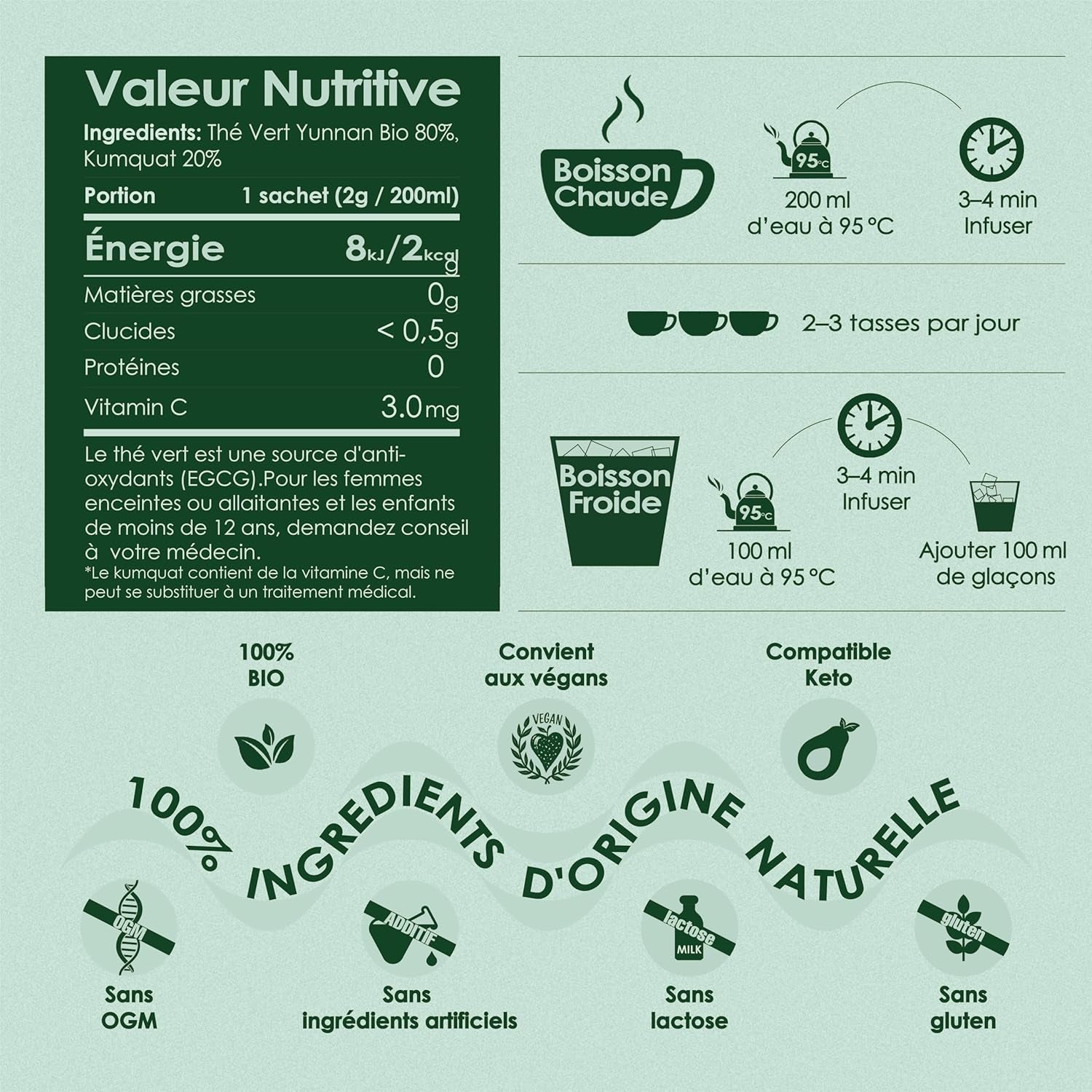 Yunnan Tuocha Zouji - Thé vert bio au kumquat - Vitamine C - 100 sachets de thé - 200 g - Qualité Yunnan garantie