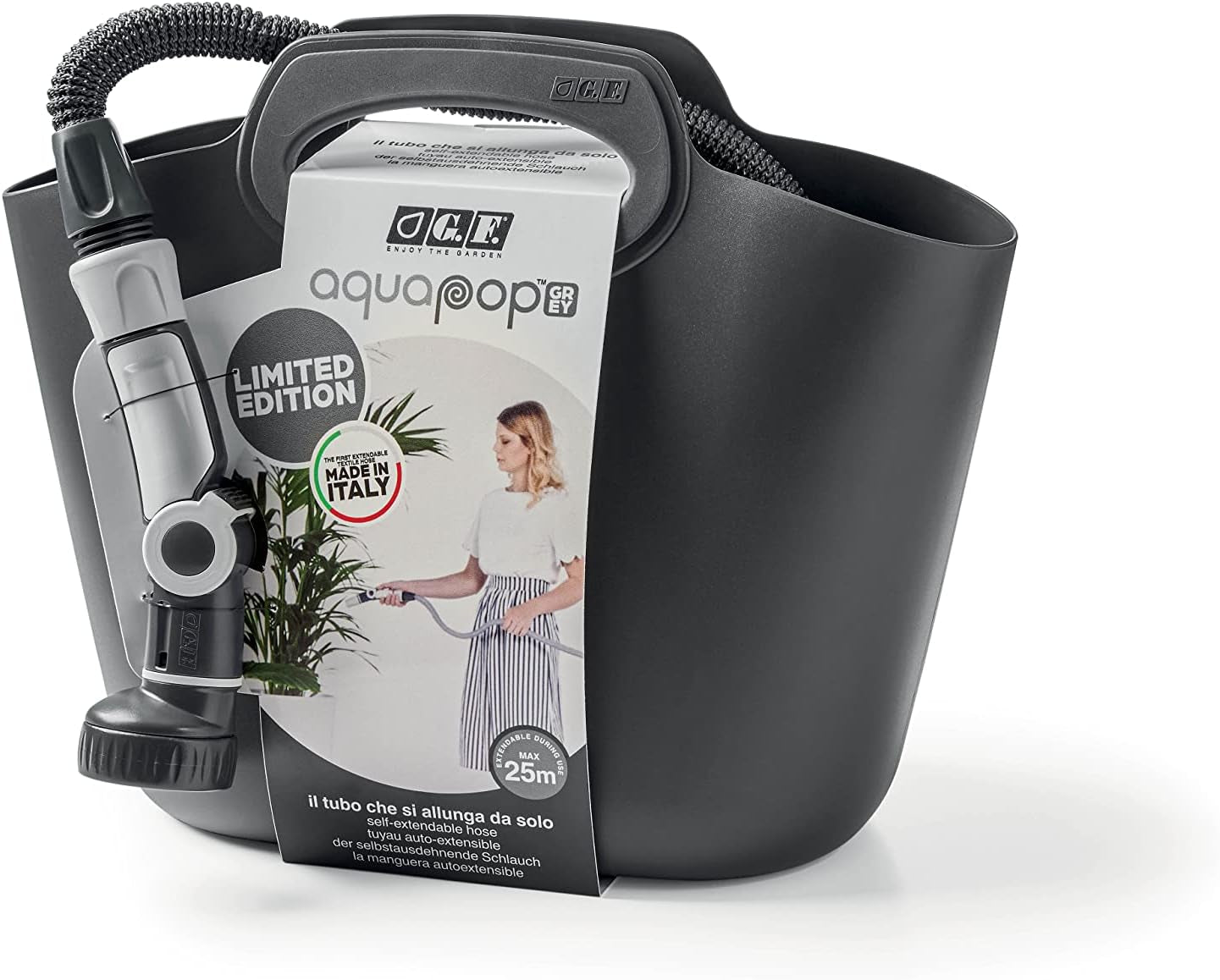 GF SRL, Aquapop Gris Édition Limitée avec tuyau textile auto-extensible de 25 m Fabriqué en Italie, sac en plastique souple, buses et raccords Lancia 8 pour l'irrigation du jardin, gris foncé