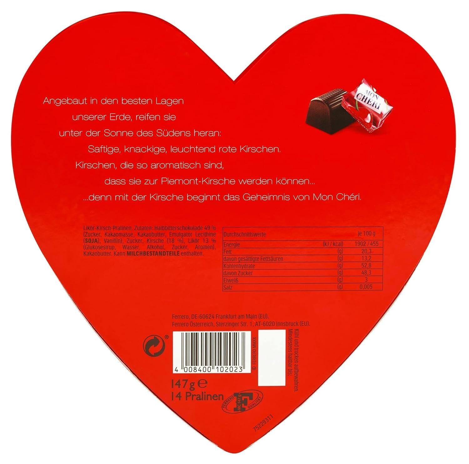 Ferrero Mon Chéri Heart - Cadeau Chocolat Saint Valentin pour Elle et Lui - Chocolat Croquant, Liqueur Fruitée et Cerises Aromatisées - Pour la Saint Valentin, la Fête des Mères et Pâques - 1 Paquet 147g