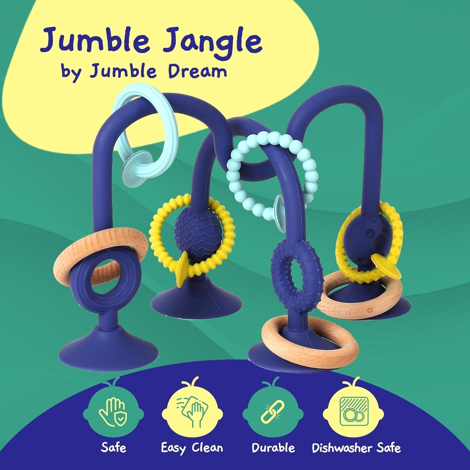 JUMBLE JANGLE Anneau de dentition pour bébé : jouet de dentition pour bébé de 3 à 24 mois | Ensemble de 7 jouets à mâcher sans BPA | Anneau de dentition en silicone rafraîchissant | Jouet pour tout-petit avec ventouse pour chaise haute, table et baignoire