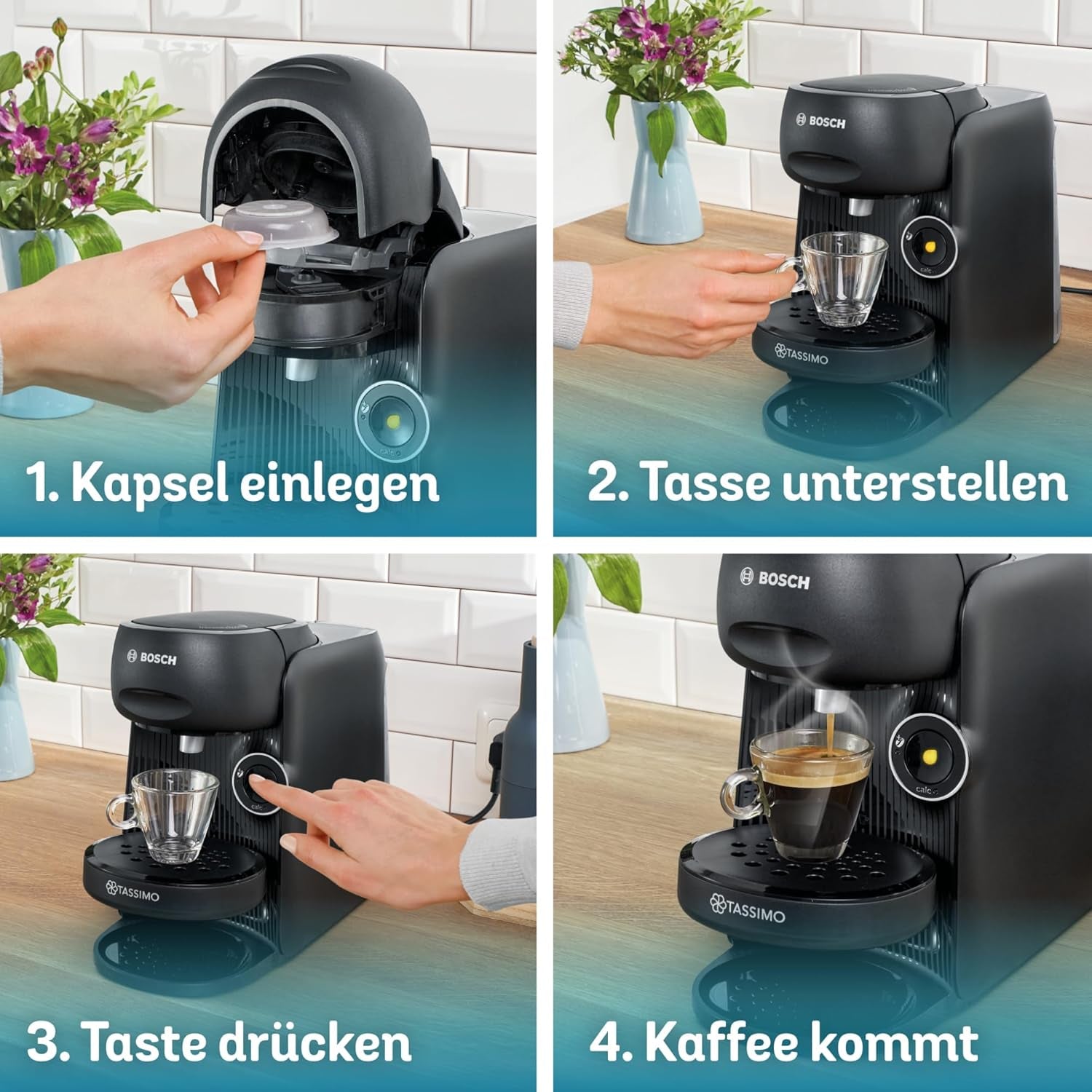 Machine à expresso à capsules Bosch Tassimo finesse TAS162E, 70 boissons, café plus intense sur simple pression d'un bouton, arrêt automatique, durable, dosage parfait, 1400 W, noir/noir