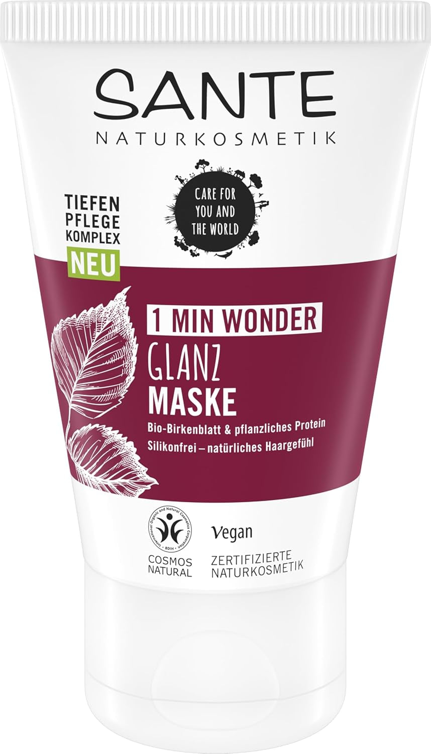 SANTE Naturkosmetik Glossy Shine Mask Extrait de feuille de bouleau bio + complexe protéique 3x, masque capillaire hydratant et sans silicone, soin capillaire végétalien pour plus de brillance et de souplesse, 150 ml Masque capillaire Naty Shop Vechi
