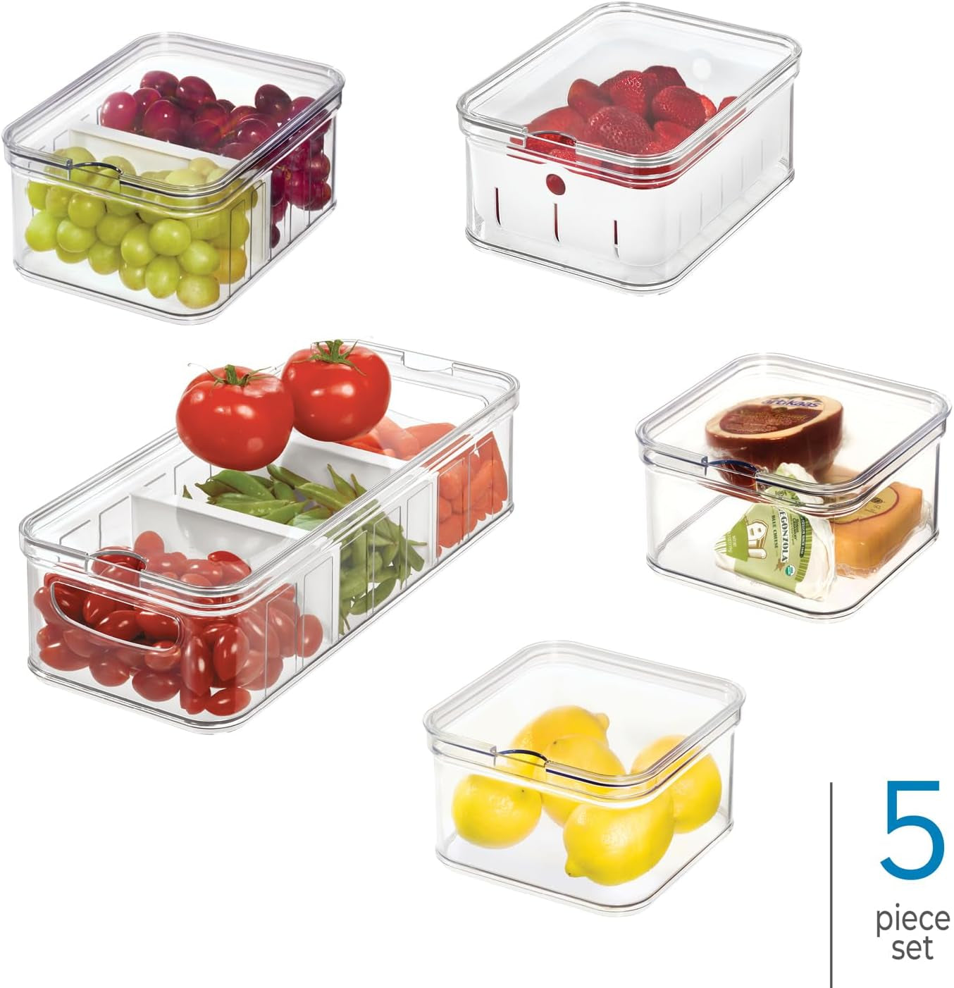 iDesign Lot de 5 boîtes de rangement pour réfrigérateur avec couvercles, boîtes de conservation en plastique recyclé pour organiser les consommables, boîtes de conservation transparentes et blanches Naty Shop