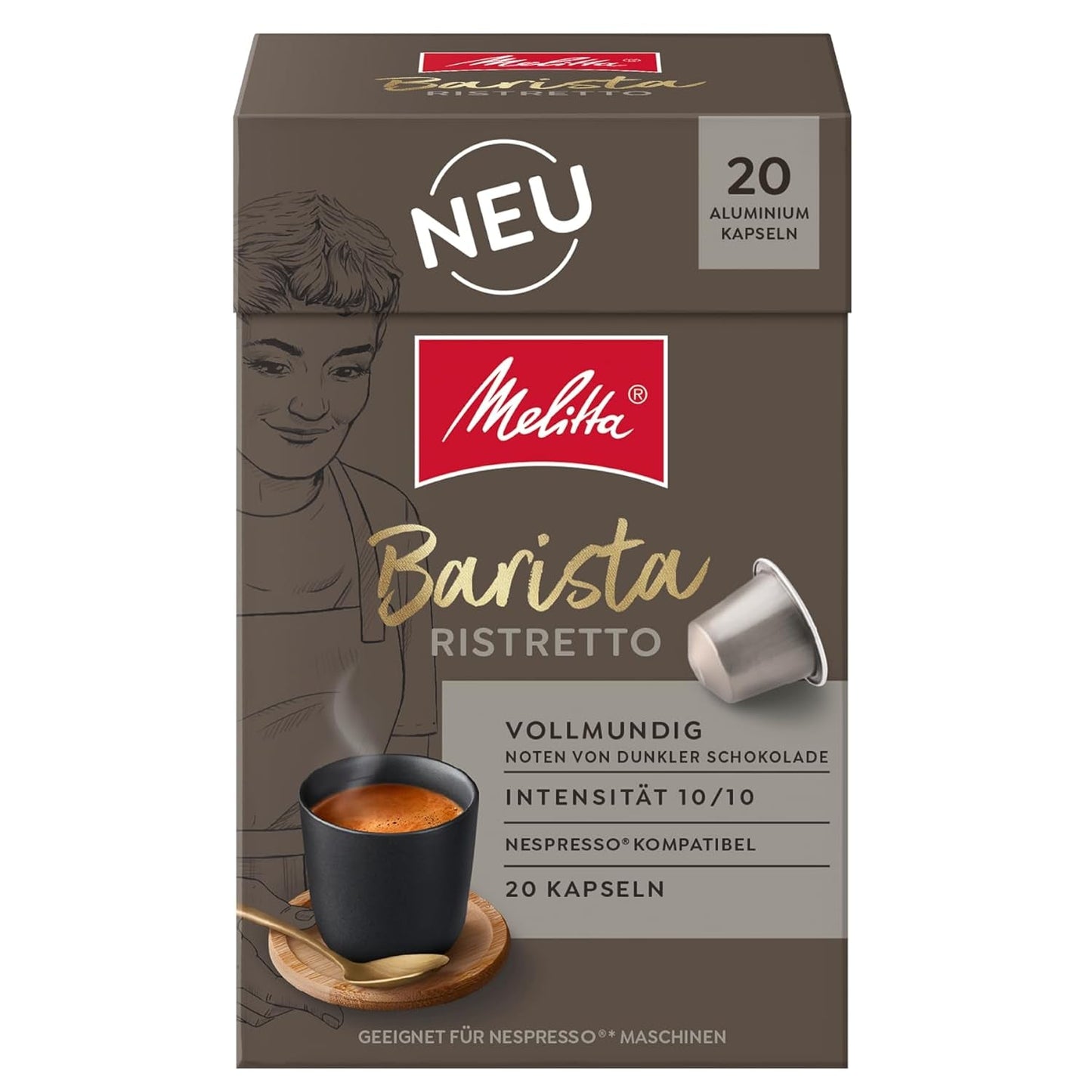 Melitta Barista Ristretto Café-Capseln 20 Stück je 5.5g, gemahlen, in Portionskapseln für Nespresso*-Machines, Global, Noten von Dunkler Schokolade