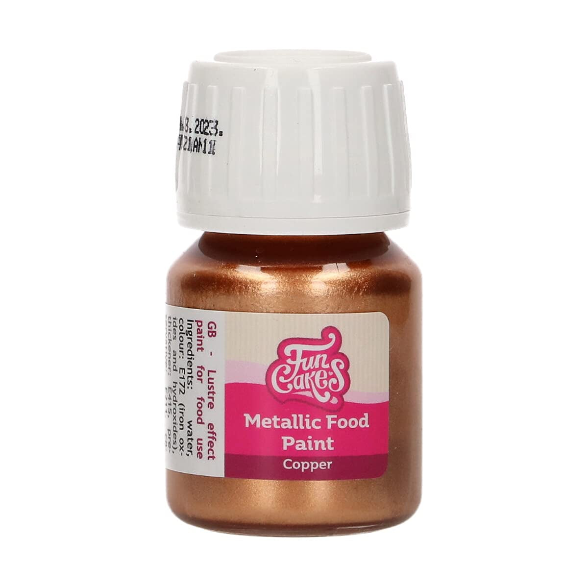 Peinture alimentaire métallisée Funcakes, couleur cuivre : Créez des effets métalliques sur le fondant, la pâte d'amande, le glaçage royal et les biscuits. Colorant alimentaire 100% comestible, Halal, convient aux végétariens et végétaliens. 30 ml.