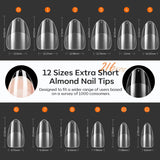 Modelones Nail Tips 216 pièces – Ensemble de pointes d'ongles à couverture complète, ensemble de pointes en gel souple, pointes d'ongles en résine PMMA pré-polissage, colle DIY sur ongles artificiels Nail Art, amandes courtes XS