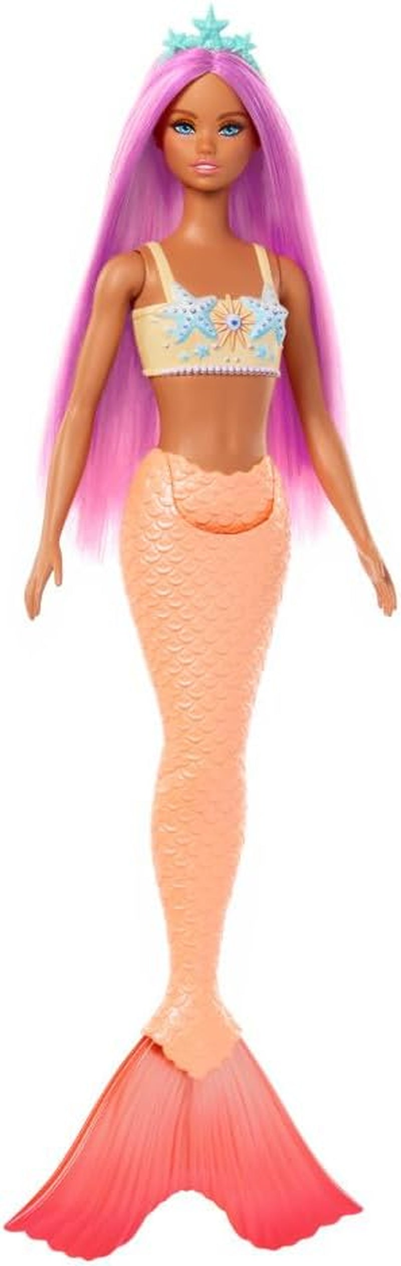 Poupée Barbie sirène avec cheveux et bandeau roses fantaisie, poupée tête d'étoile de mer et nageoire queue orange douce, HRR05