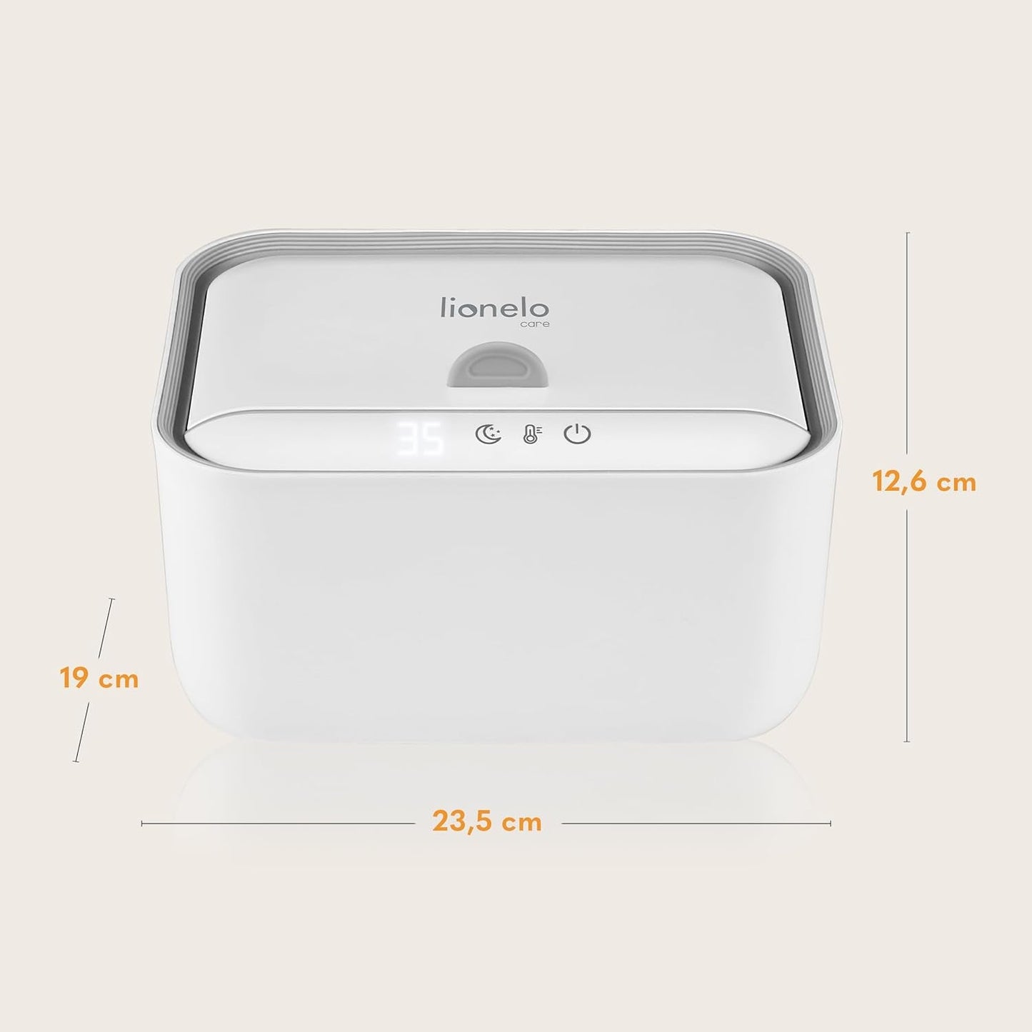 Lionelo BABYBLISS 20W Réchauffeur pour lingettes humides et petites serviettes, 20W pour bébé, veilleuse intégrée, 3 réglages de chaleur, écran tactile, maintient les lingettes humides