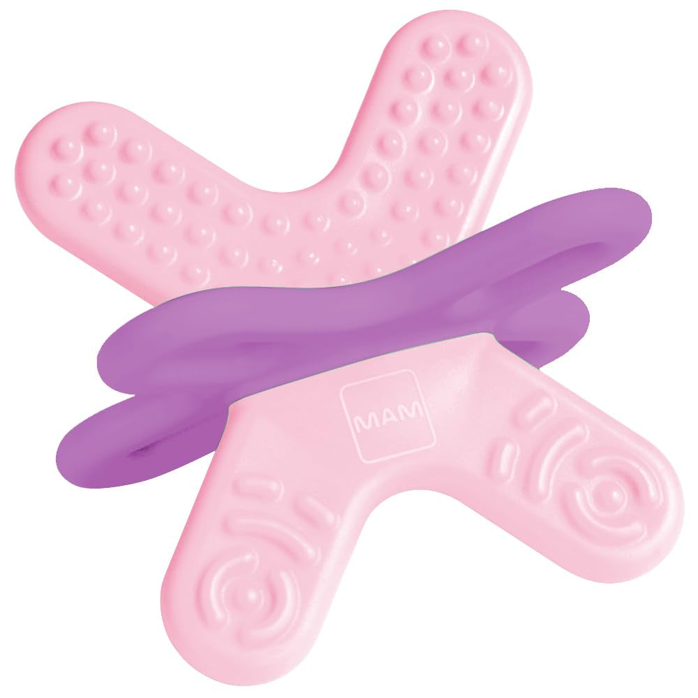 MAM Anneau de dentition, 4 mois et plus, soulagement immédiat en cas d'éruption ultérieure, extra léger et facile à saisir et à tenir, avec boîte auto-stérilisante, rose, 1 pièce