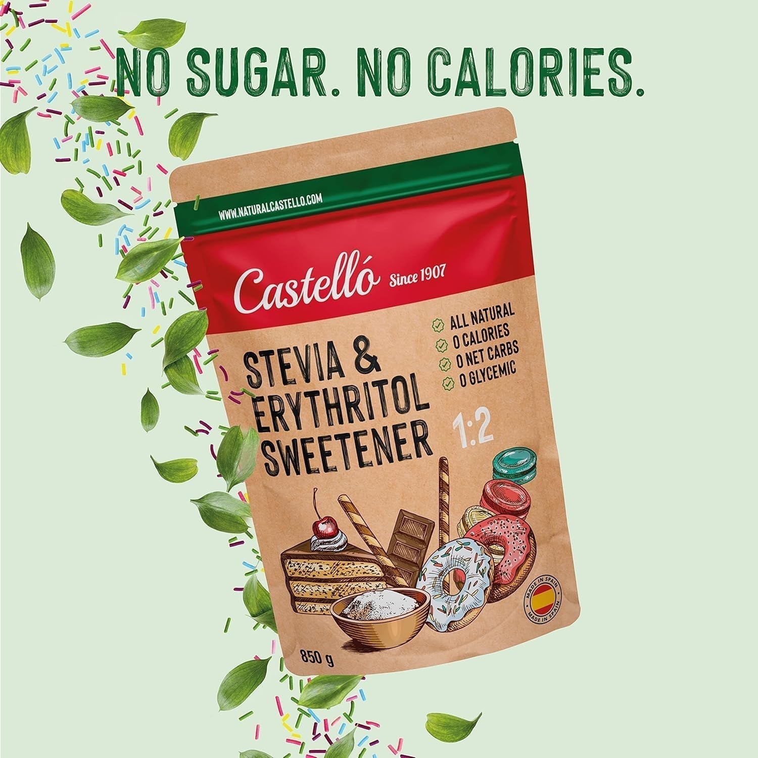 Stevia + Erythritol 1:2 Tissu doux | 1G = 2G Zucker | Ingrédients 100% naturels - 0 calories - 0 indice glycémique - Keto et Paleo - 0 netto-khlenhydrate - Kein GVO - Castello depuis 1907 - 850 G Édulcorants Naty Shop