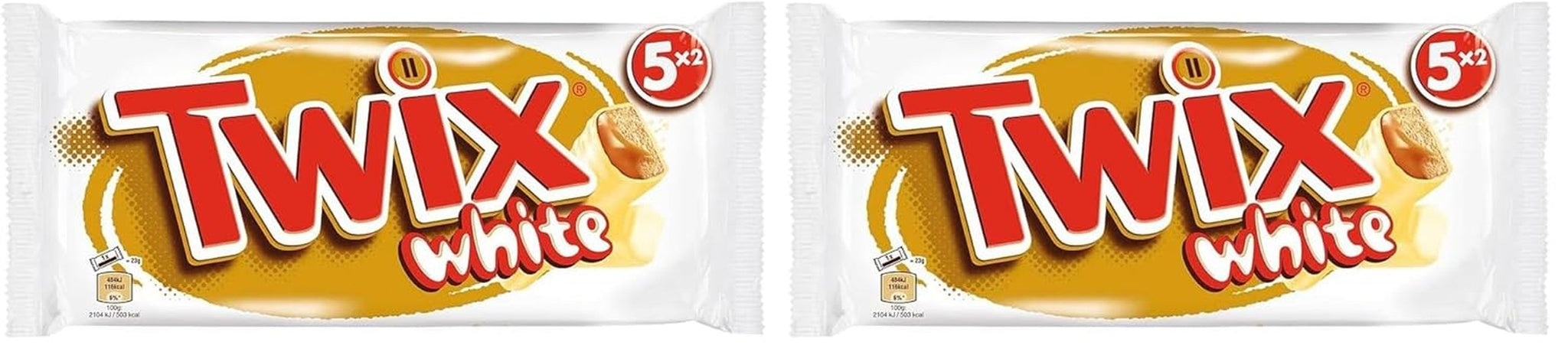 Barres de chocolat blanc Twix ; caramel, biscuits, chocolat blanc ; plusieurs paquets de chocolats ; 5 barres (5 x 46 g)