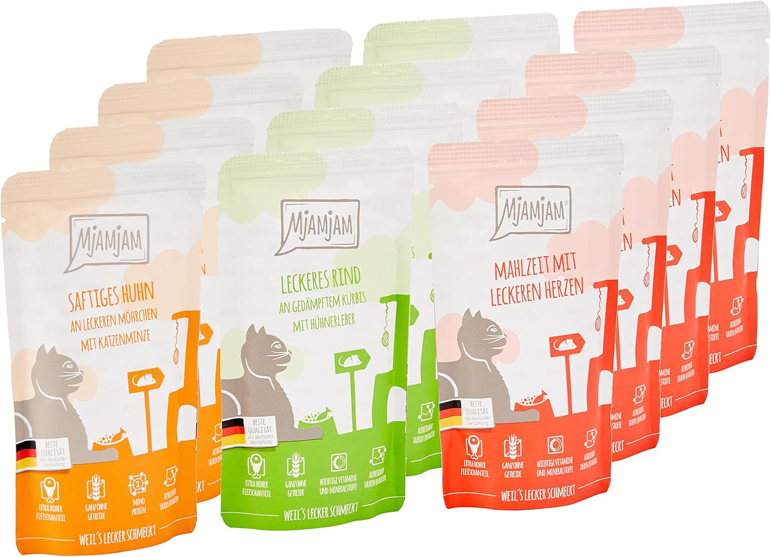 MjAMjAM - Nourriture humide de qualité supérieure pour chats - Pack mixte I - Poulet, bœuf, cœurs, paquet de 12 (12 x 125 g), sans céréales avec viande supplémentaire