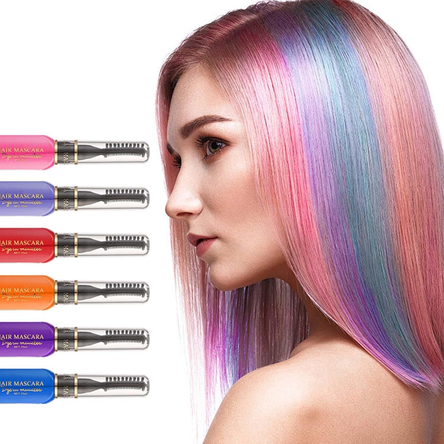 Teinture capillaire instantanée 6 couleurs Mascara capillaire temporaire pour filles et femmes Craie capillaire lavable Mascara capillaire arc-en-ciel Teinture capillaire pour carnaval Halloween Cosplay fête anniversaire (A) Naty Shop Coloration capillaire