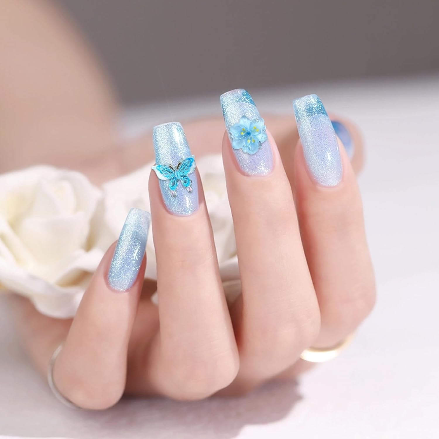 YICH Nail Charms Nägel Charms 50Pcs Fleurs 3D + 50Pcs 3D Schmetterling, Summer Nägel Deko Set Schmetterling/Fleurs Nail Art Nailart