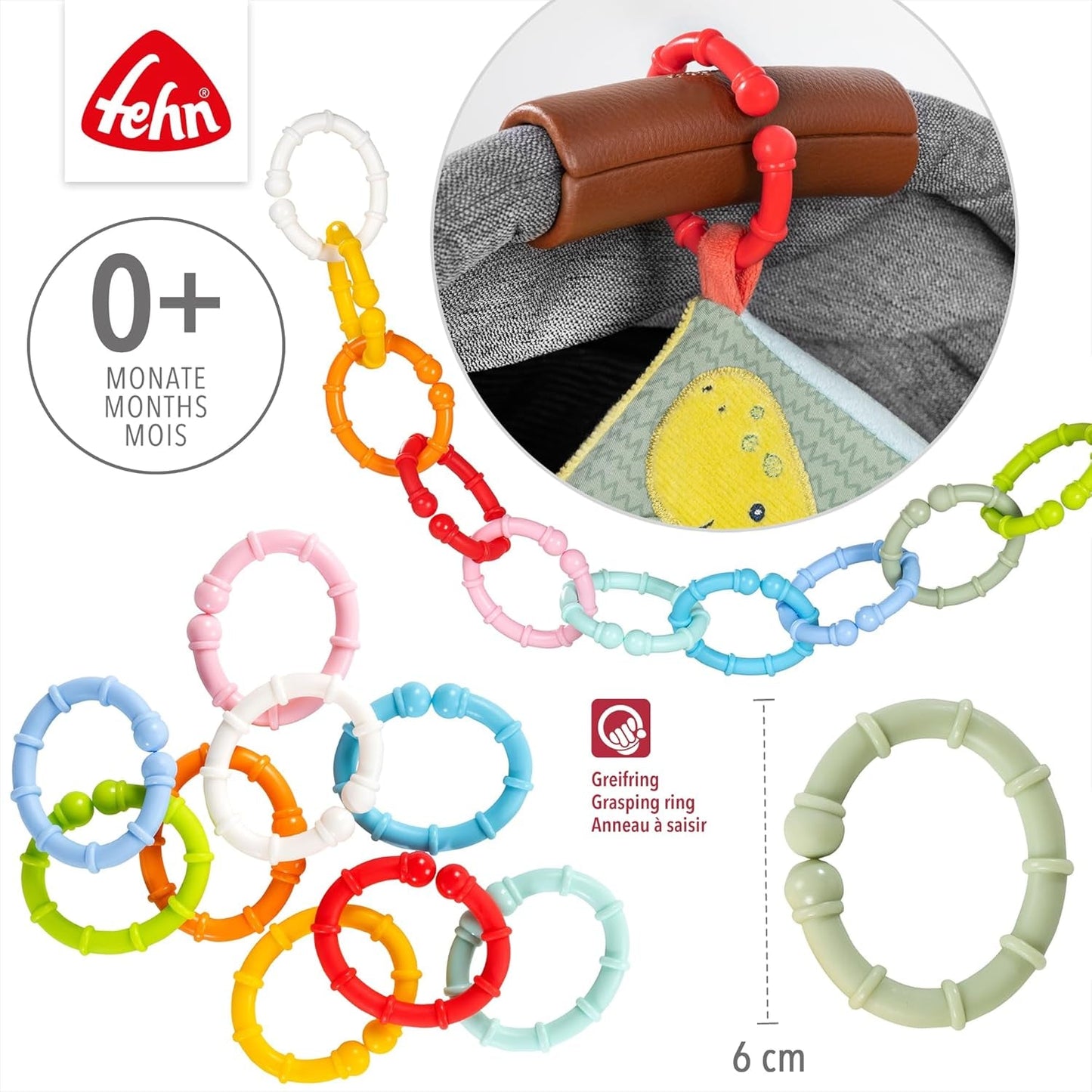 Fehn 10 set d'anneaux de fixation - crochets de fixation pour siège auto, parc et berceau - anneaux de fixation pour chaîne de poussette pour la maison et les déplacements - Anneaux en C pour bébés et tout-petits à partir de 0 mois Jouets Bebe Naty Shop