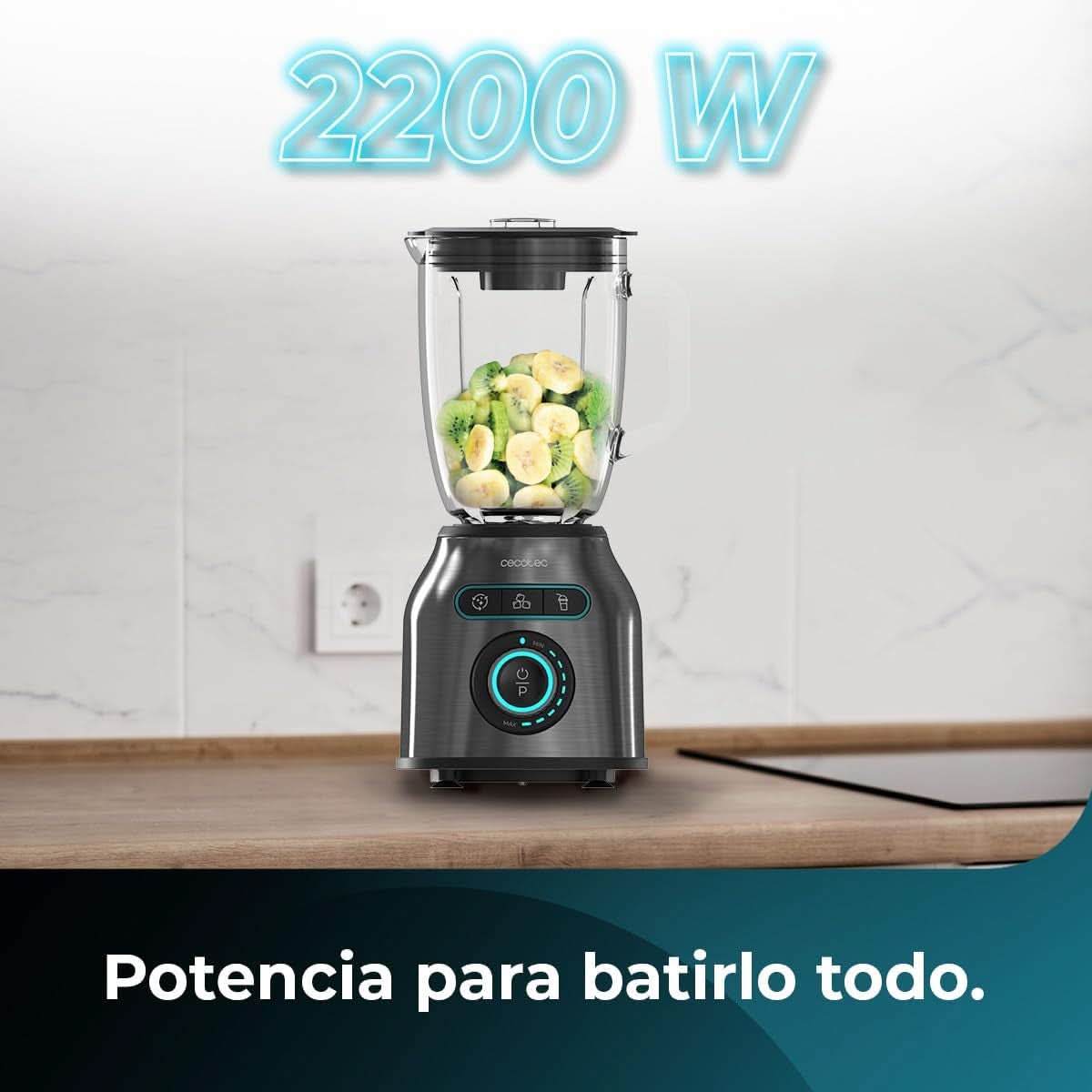 Cecotec Batteur sur socle Power Black Titanium 2200MAX Smooth, 2200 W Puissance Maximale, 6 Klingen Aus Edelstahl, Fonction Ice-Crush, Fonction Turbo et Smoothie, Fonction Autoclean Cuisine Naty Shop