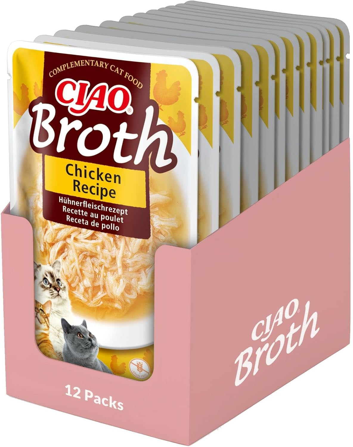 INABA Ciao Broth Nourriture humide pour chats 88% d'humidité et vitamine E, soupe premium pour chats au poulet 40g (paquet de 12), viande 100% naturelle, sans céréales, sans sucre