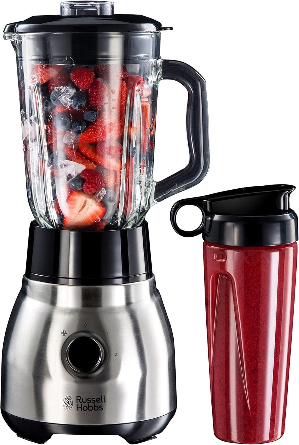 Russell Hobbs Batteur sur socle 2 en 1 [mélangeur en verre de 1,5 L et mini machine à smoothie de 0,6 L - To-Go-Trinkflasche Inkl. Deckel] Spülmaschinenfest, Impuls-/Ice-Crush Funktion, Becher BPA Frei, Edelstahl 23821-56 Kitchen Naty Shop