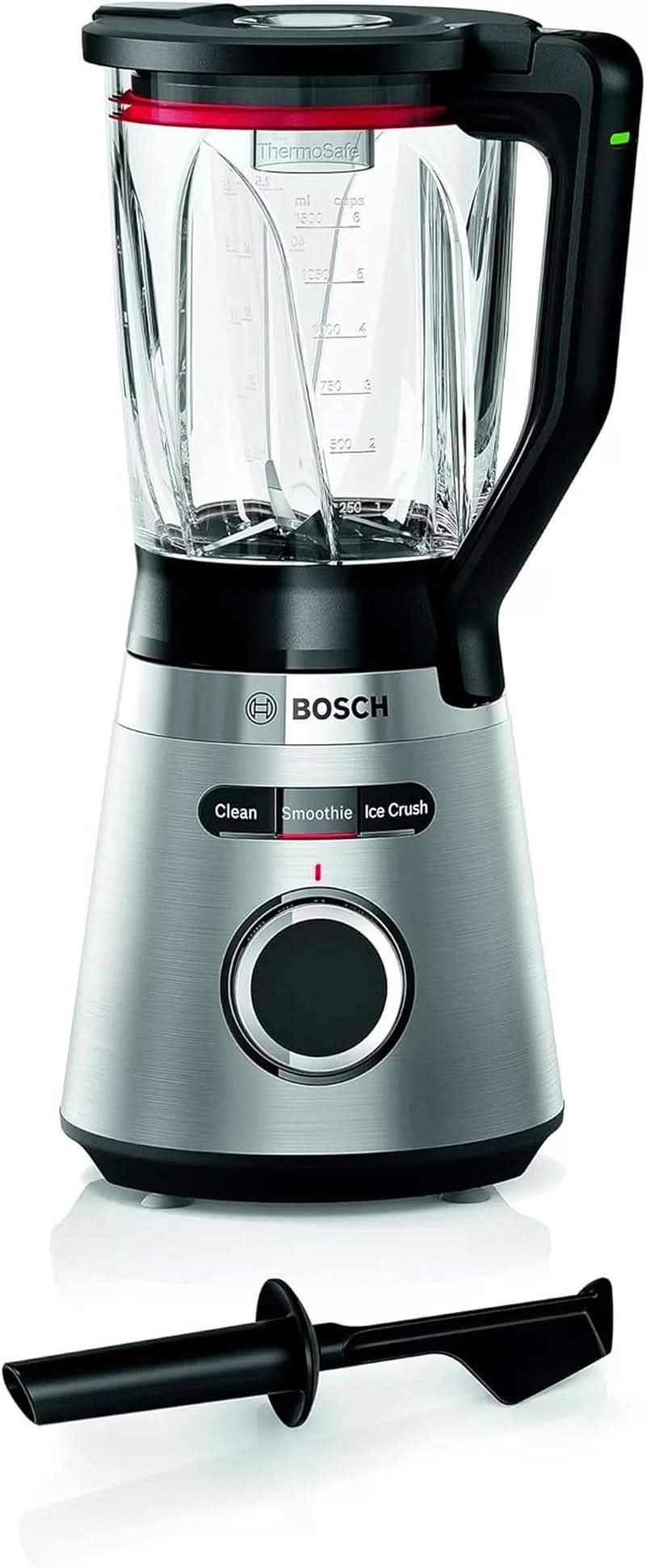 Bosch Batteur sur socle Vitapower Serie 4 MMB6382M, Edelstahl-Klingen Fabriqué en Allemagne, 1,5 L Thermosafe Glasbehälter, Stopfer, Sicherheitsdeckel, Spülmaschinengeeignete Teile, 30 000 U/Min, 1200 W, Edelstahl Kitchen Naty Shop Batteur sur socle