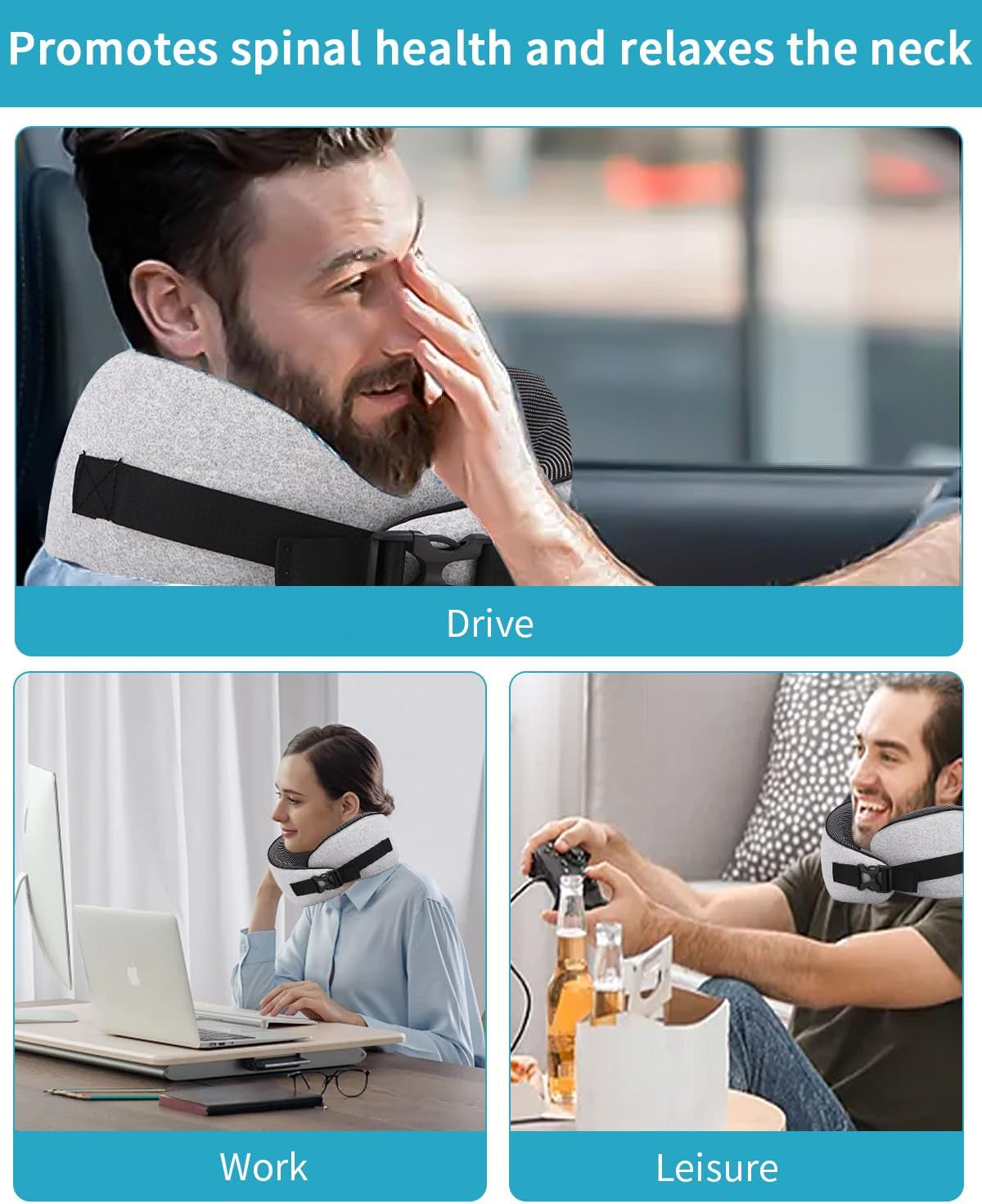 Oreiller cervical d'avion, oreiller de voyage en mousse à mémoire de forme, oreiller cervical pour adulte, oreiller d'avion réglable et lavable, oreiller de voyage ergonomique (gris) Oreillers orthopédiques cervicaux Naty Shop