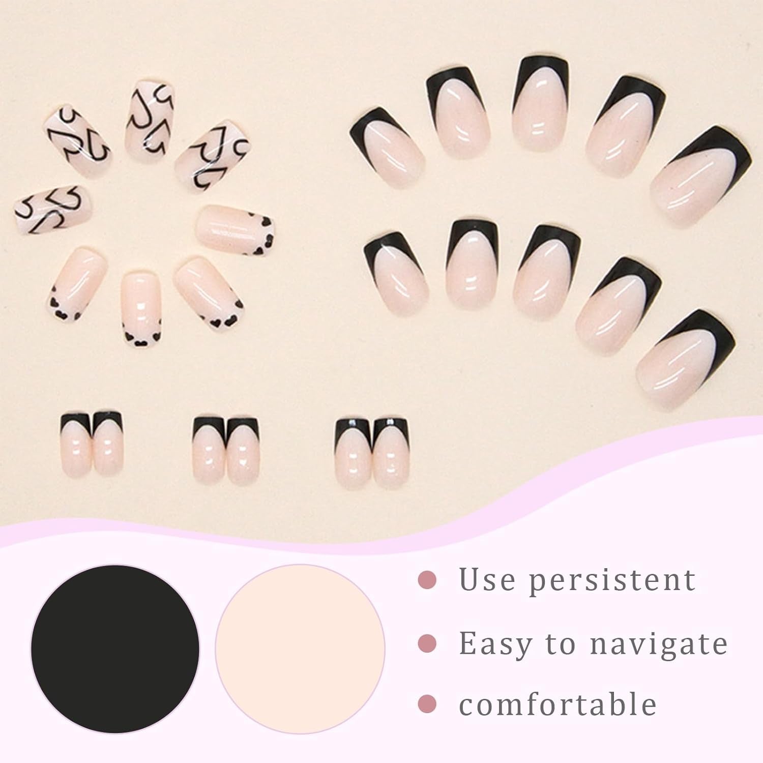 Faux ongles à pointe française carrée courte, 24 pièces, Design cœur blanc, ongles noirs en acrylique, couverture complète