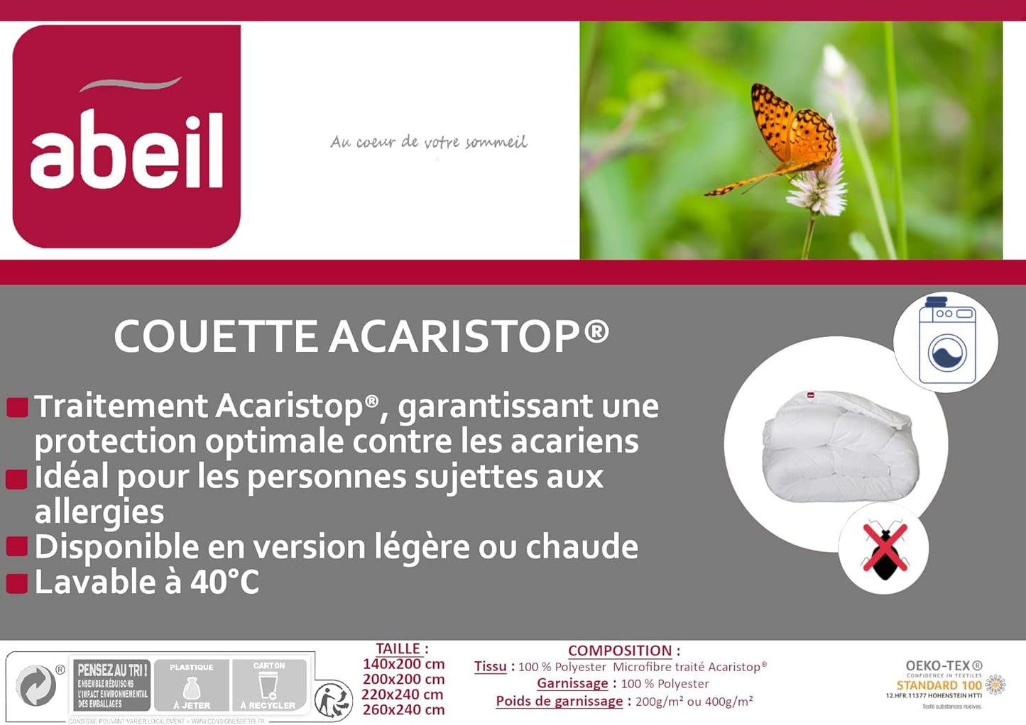 Abeil Acaristop housse de couette effet anti-acariens et antibactérien, polyester, blanc, 200 X 200 cm Couettes et couettes Naty Shop
