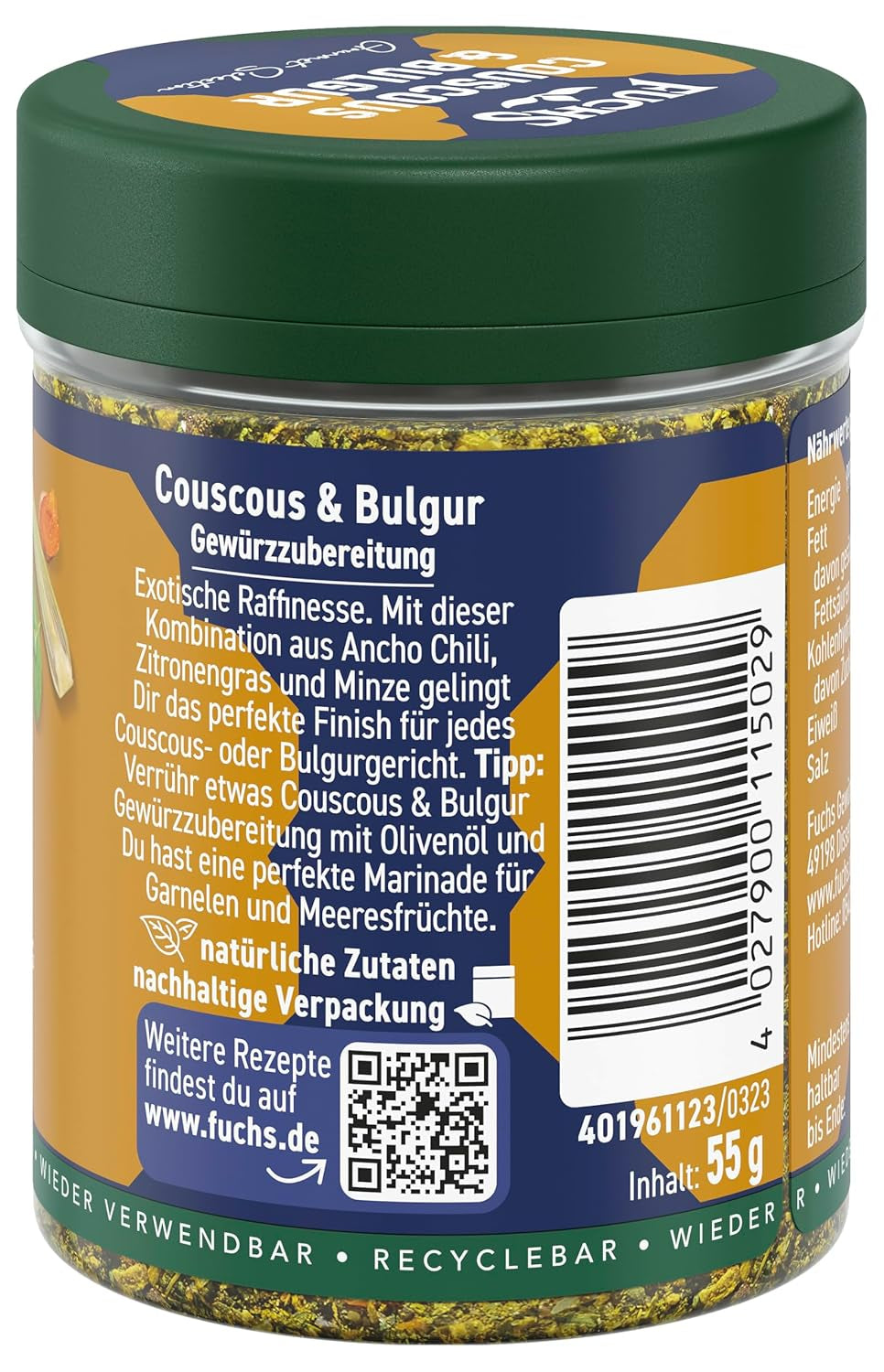 Fuchs Spices Gourmet Selection Moyen-Orient/Afrique - Mélange d'épices pour couscous et boulgour Mélange d'épices rechargeable pour assaisonner les plats de boulgour végétalien 55 g