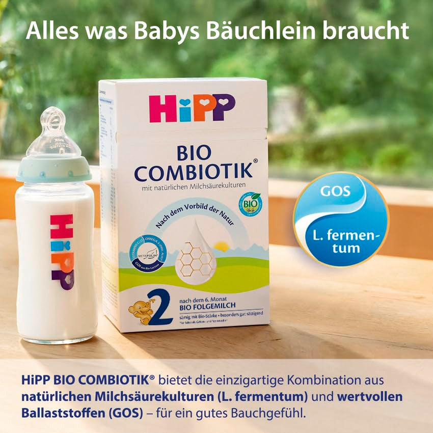 HiPP 2 Bio Combiotik (4 x 600g), lait de suite après 6 mois, avec amidon, cultures naturelles d'acide lactique, GOS, Oméga-3 (DHA, ALA), de la meilleure qualité biologique