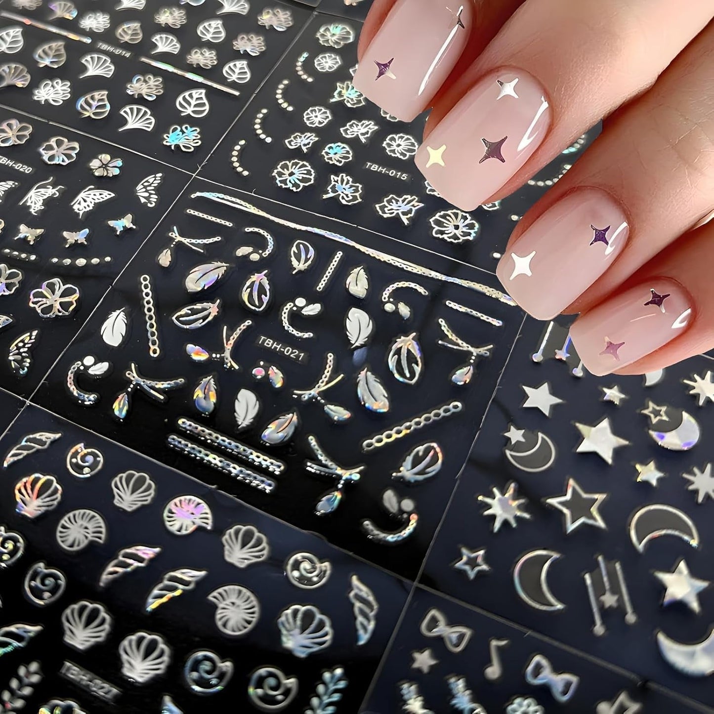 30 Blatt Aurora-Nagelkunst-Aufkleber, Selbstklebende 3D-Blumen-Nagelaufkleber, Aurora-Mond-Stern-Nagelaufkleber pour l'art de l'artisanat, Blatt-Herz-Nageldesign pour DIY-Acrylnägel-Dekoration