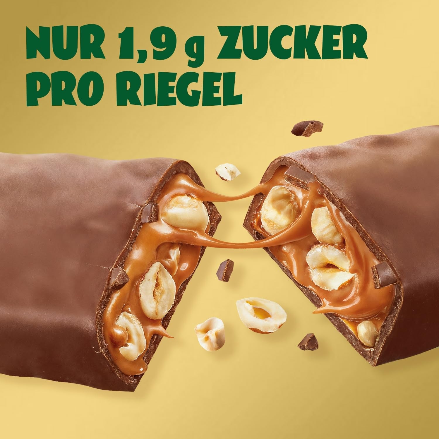 Barres de chocolat au caramel et aux noisettes à venir | 12 tablettes de chocolat x 35 g sans sucre ajouté | 1,9 g de sucre par barre | Goût croquant de noisette et de caramel | Bonbons à faible teneur en glucides | Pas d'huile de palme