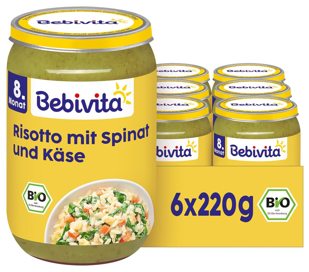 Plats à partir de 8 mois : Risotto au fromage et épinards, 220g, paquet de 6 (6x220g)