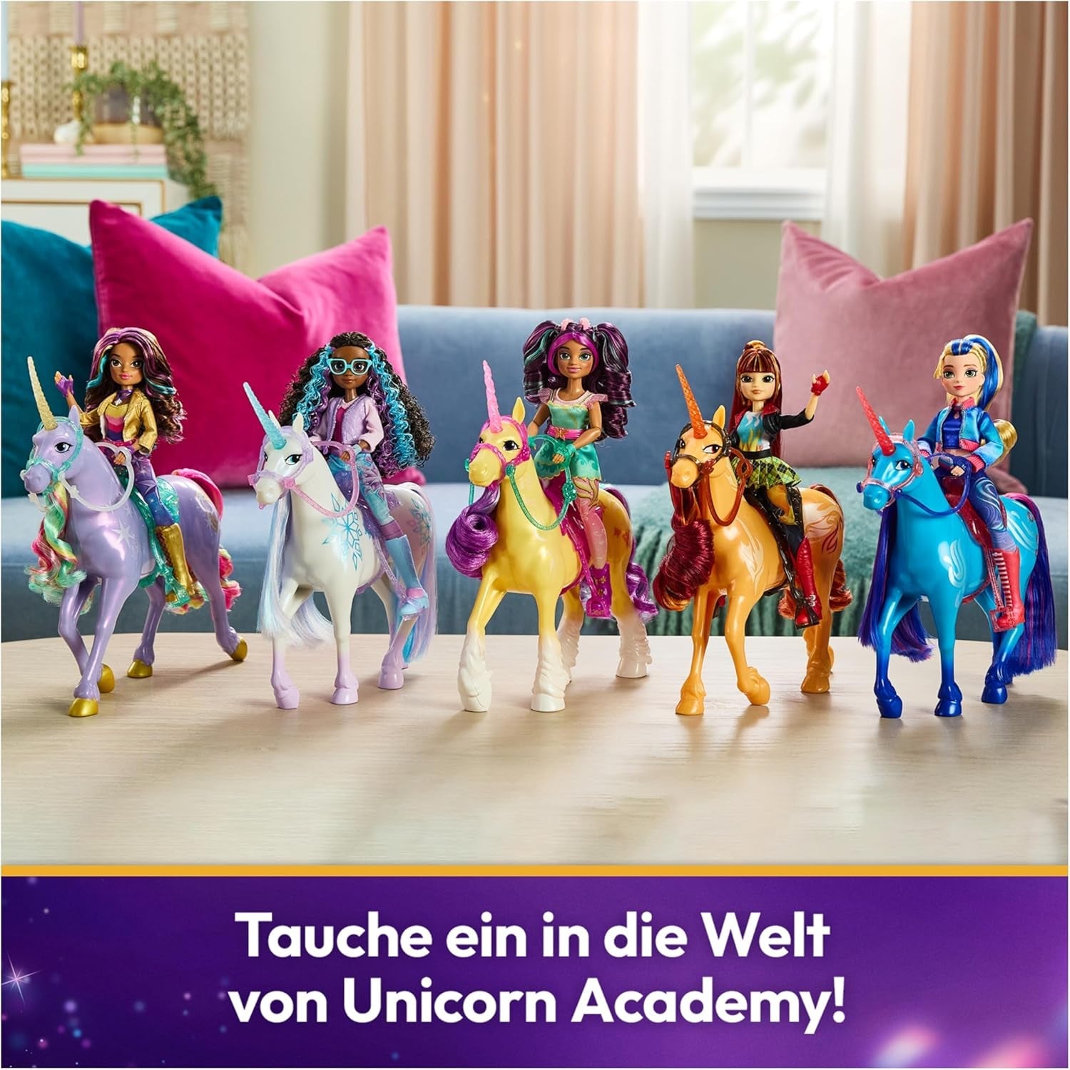 Unicorn River Unicorn Academy - Licorne Isabel originale de 28 cm de haut de la série Netflix, avec crinière et queue réelles, bride, selle et brosse amovibles, pour les enfants à partir de 4 ans