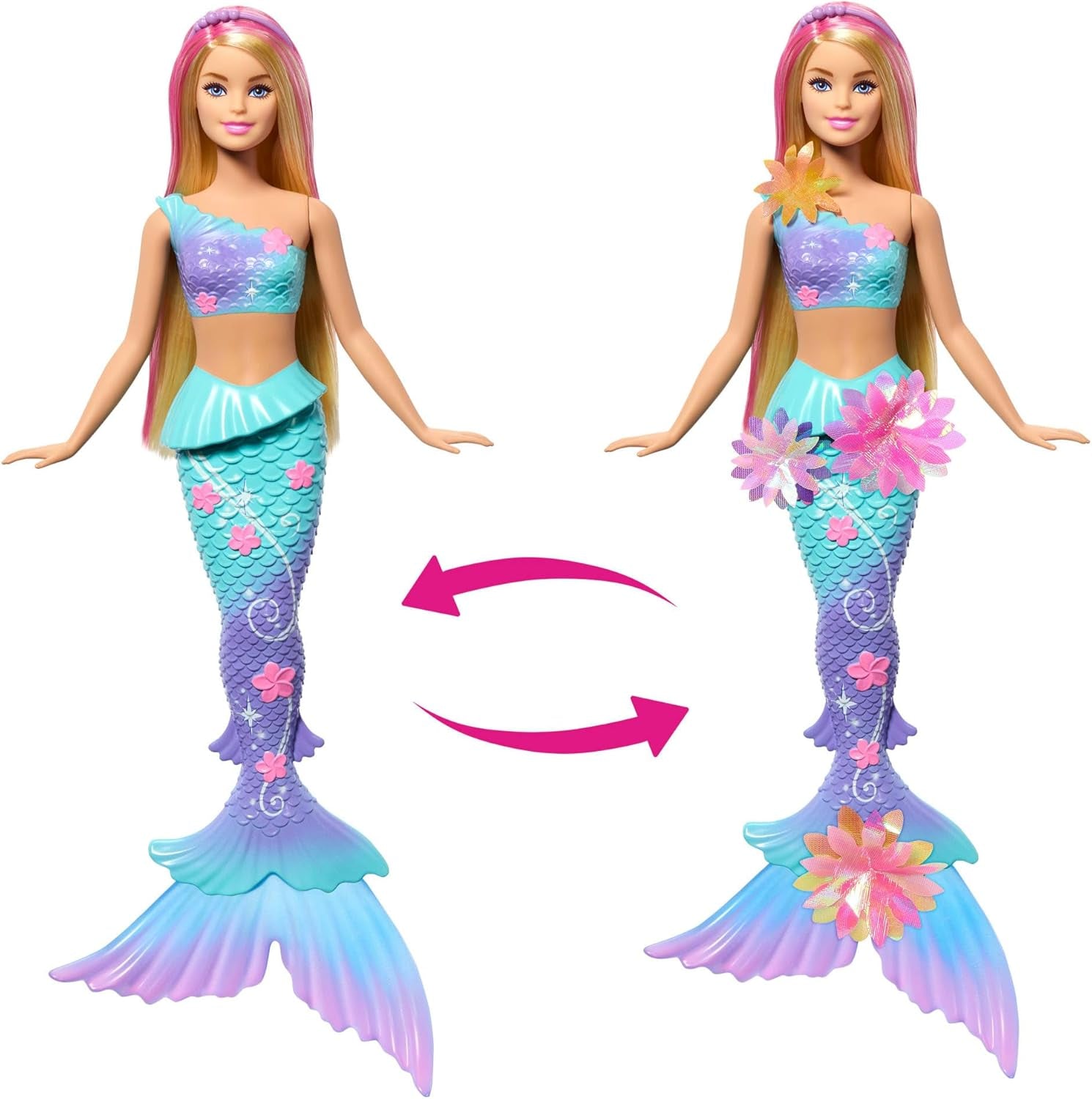 Barbie Meerjungfrauen-Spielzeug Puppe mit magischer Überraschungs Blüte, Schwanzflosse mit Farbverlauf, perlesnbesetzten Hair et long blonden Hair mit rosa Strehchen, JDM72