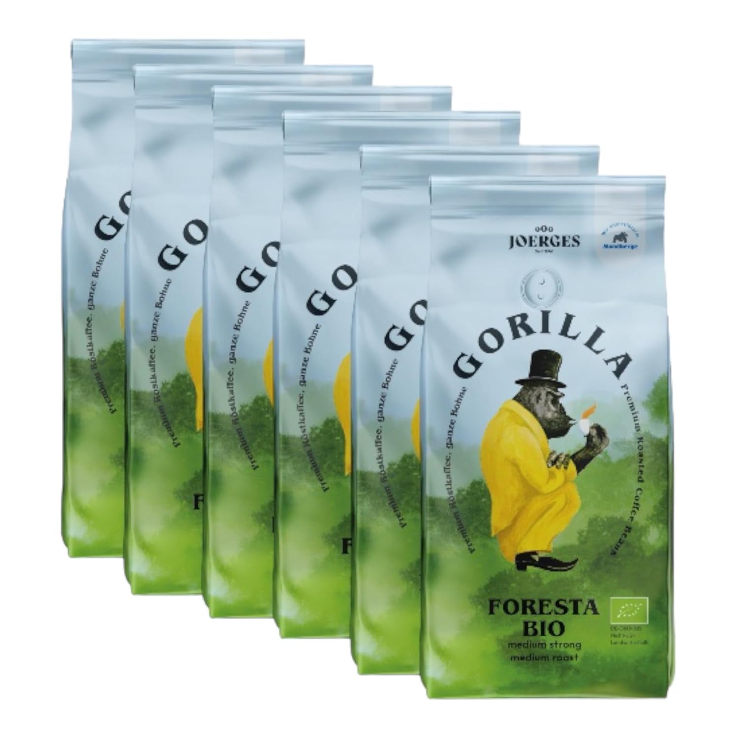 Café Gorilla Foresta 6 x 1000 g de grains entiers torréfiés | Mélange Arabica | Porte-filtre et machines à expresso entièrement automatiques | Café expresso
