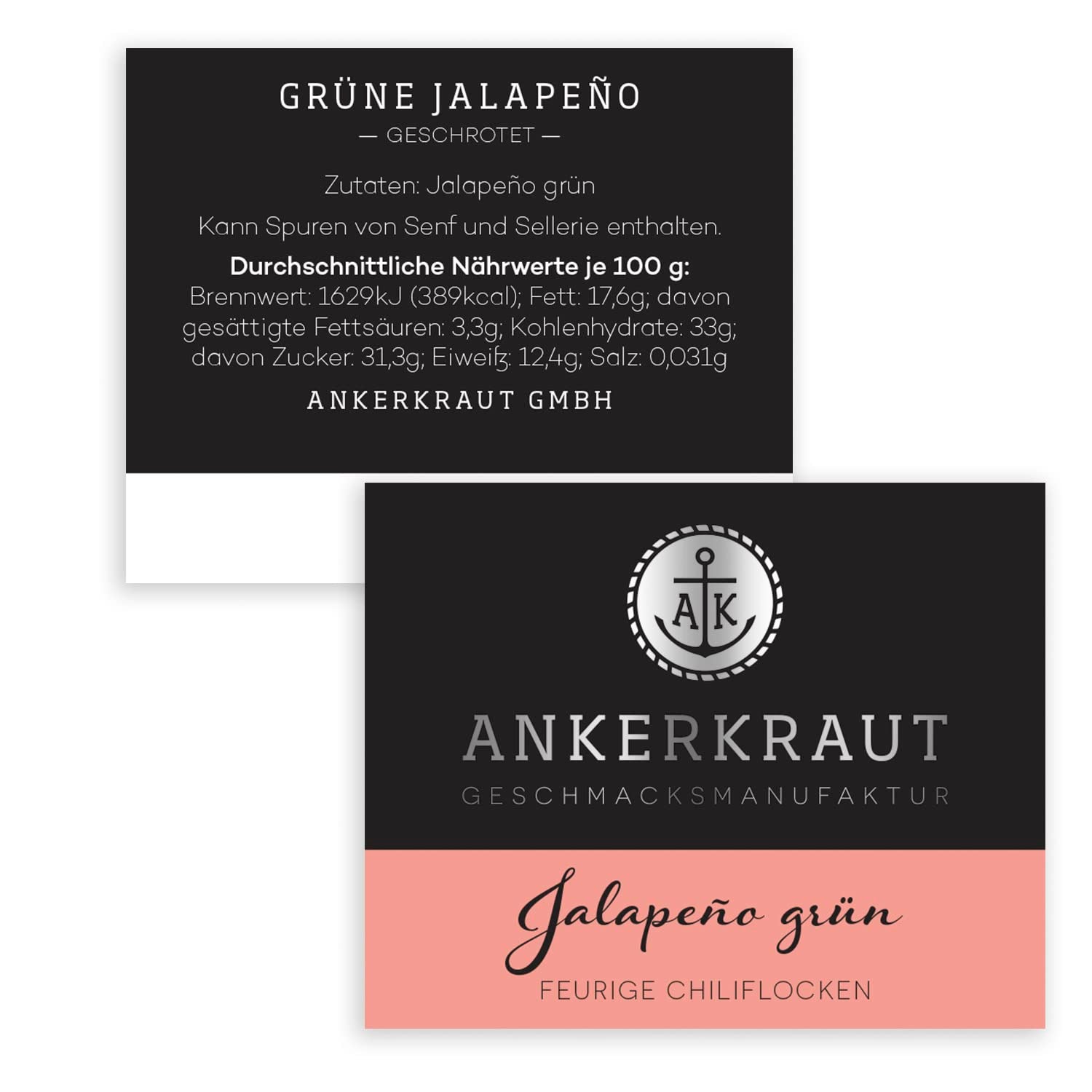 Ankerkraut Grüne Jalapeno, scharfe Chili, Chilis geschrotet, Finisher Scharf Würzen, Scharfes Essen Kochen, Highlight Chili con Carne, Fleisch, Kartoffeln, 45g dans Korkenglas