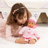 Babypuppe First Words mit Schlafaugen, spricht 24 Babylaute, mit Schnuller et Flasche, 38 cm, Rosa/Streifen
