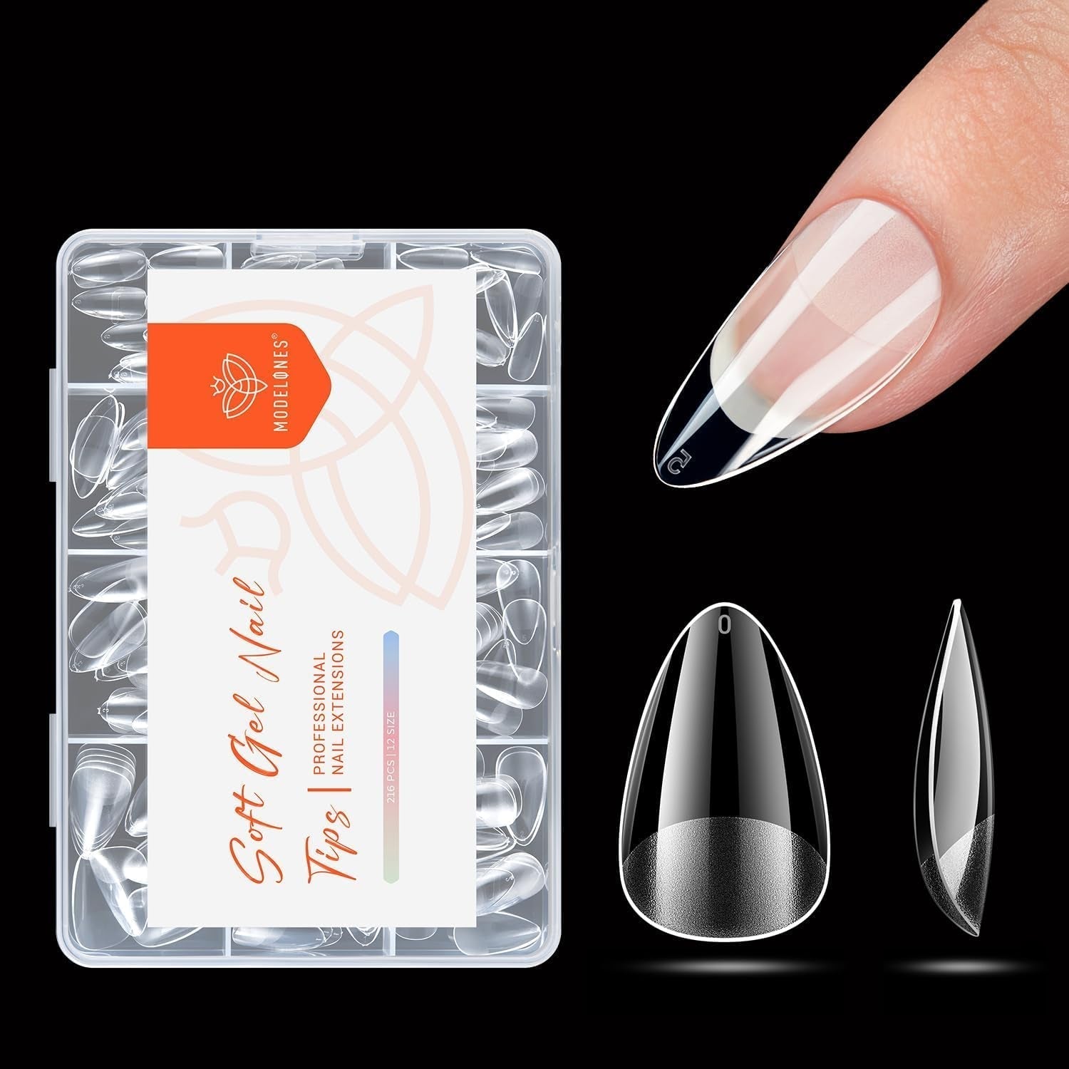 Modelones Nail Tips 216 pièces – Ensemble de pointes d'ongles à couverture complète, ensemble de pointes en gel souple, pointes d'ongles en résine PMMA pré-polissage, colle DIY sur ongles artificiels Nail Art, amandes courtes XS