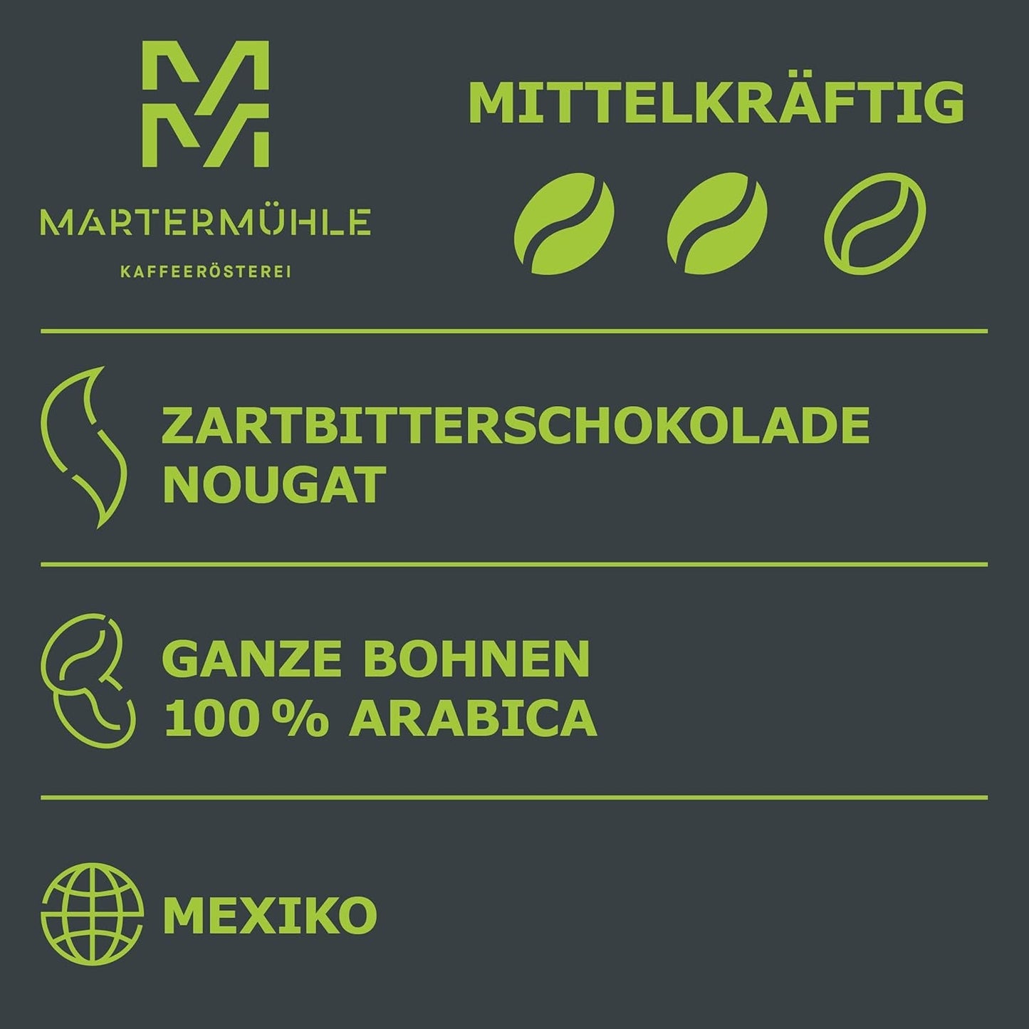 Martermühle Mexiko Bio Espressobohnen entkoffeiniert 1kg mittelkräftig I Arabica I Saveur : Nougat, Zartbitterschokolade I Ganze Bio Espresso-Bohnen schonend geröstet, säurearm