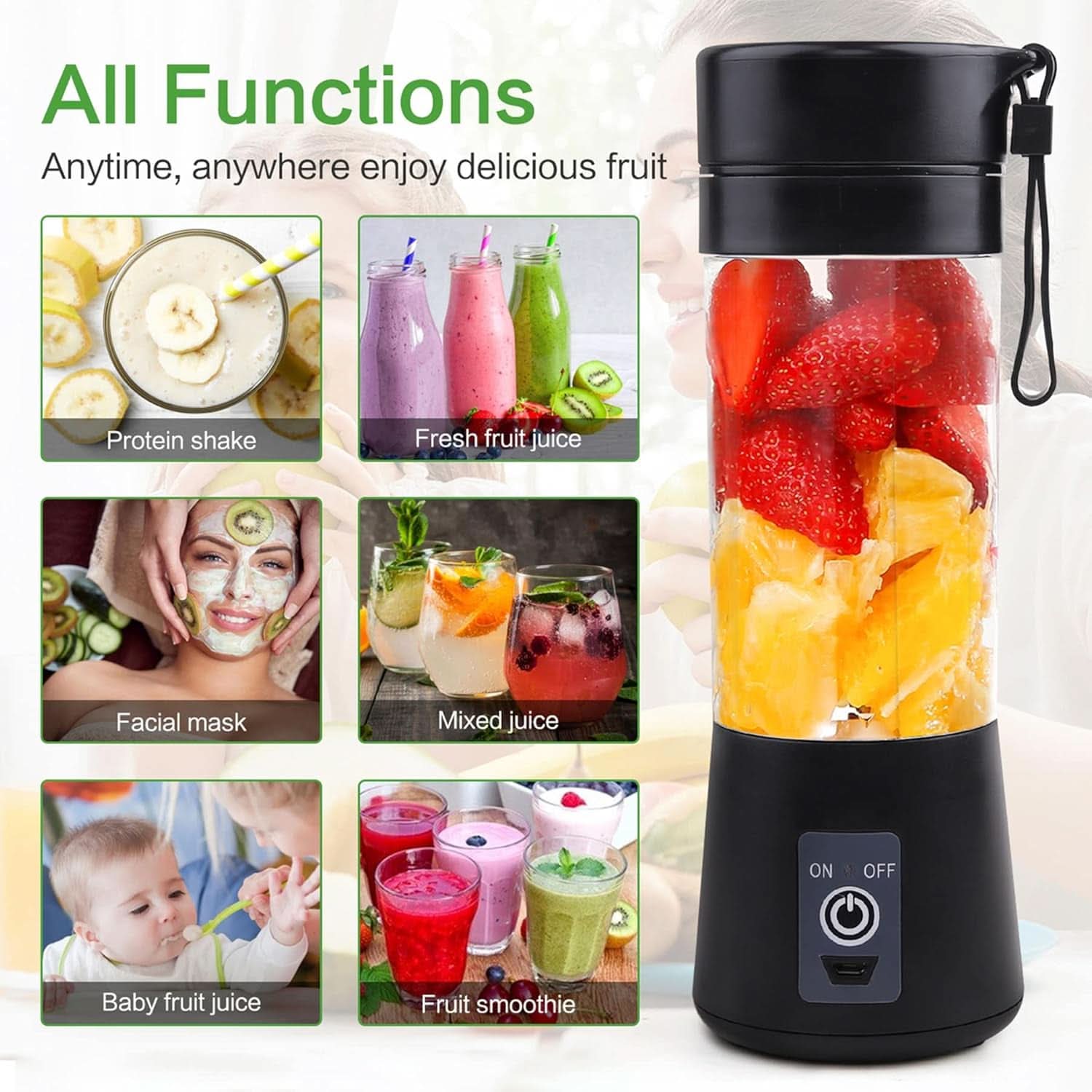 Mélangeur Smoothie Maker Entsafter: 380Ml Standmixer Persönlicher Shaker Proteinshake Mit 6 Edelstahlmesser Tragbar-Bpa-Freie Mit USB-Mixbecher Für Shakes,Saftoutdoor,Schwarz Bucatarie Naty Shop