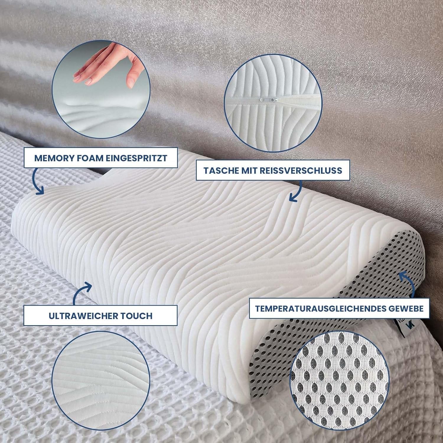 Valentia Oreiller médical de soutien du cou en mousse à mémoire de forme Oreiller orthopédique pour douleurs cervicales Oreiller cervical en mousse à mémoire de forme Housse ultra douce et lavable Oreillers orthopédiques cervicaux Naty Shop