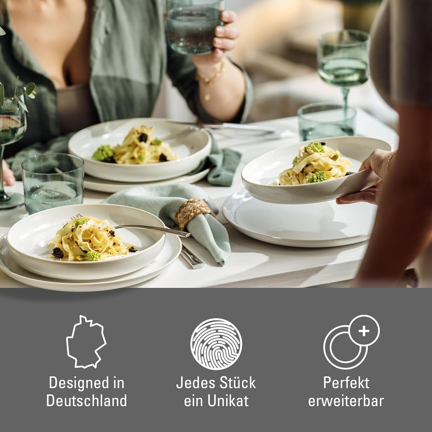 comme. de Villeroy & Boch – Service de table en coton artisanal 4 teilig Weiß, Spülmaschinenfest, Mikrowellensicher, Geschirrset, Tafelservice Modern, Speiseteller, Tiefe Teller, Pottery-Look, Premium Porzellan