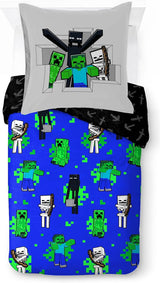 Parure de lit enfant personnages Disney 100% coton Parure de lit enfant Naty Shop Bleu - Minecraft 135X200/80X80 (2 Pièces)