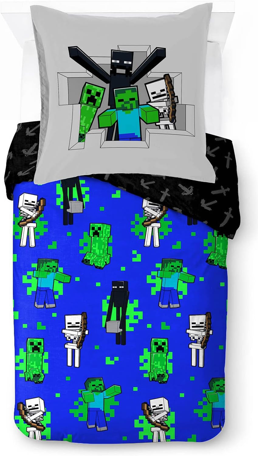 Parure de lit enfant personnages Disney 100% coton Parure de lit enfant Naty Shop Bleu - Minecraft 135X200/80X80 (2 Pièces)