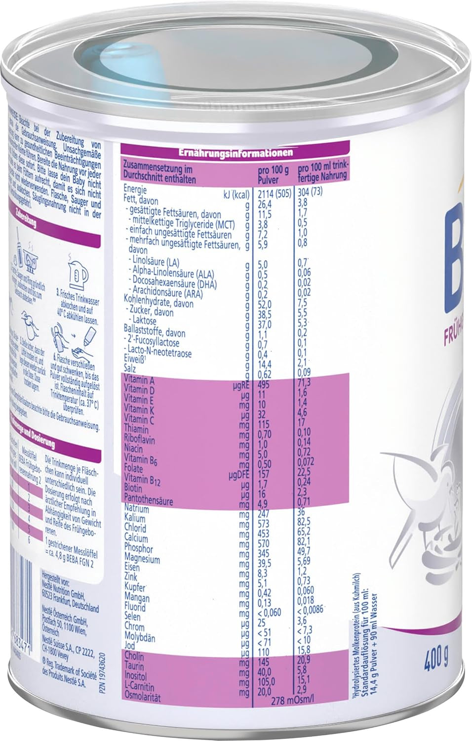 BEBA Préparation pour nourrissons prématurés Stade 2 - Nourrissons prématurés après la sortie de l'hôpital Aliments pour bébés Lait en poudre pour bébé Paquet de 3 (1 x 400 g)