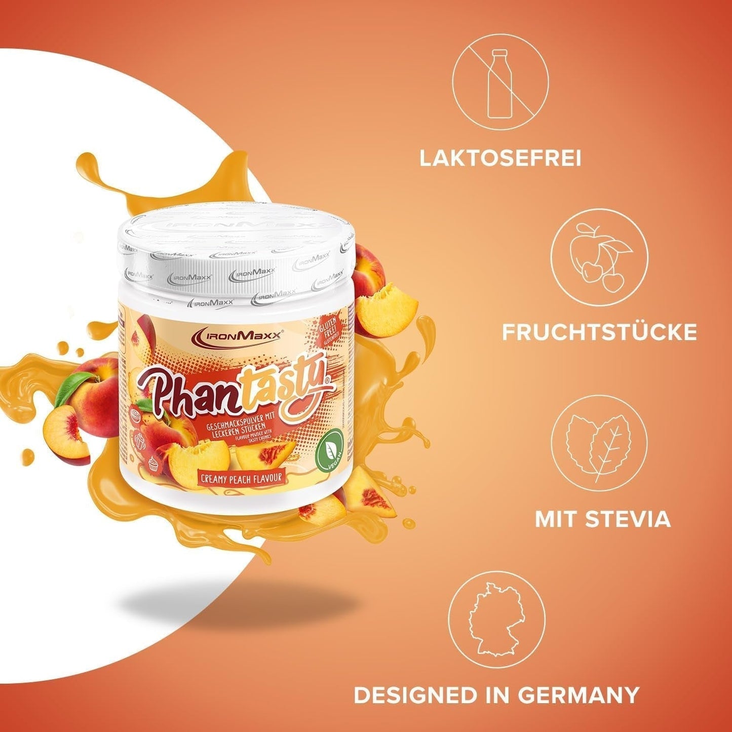 Ironmaxx Phantasty - Pêche crémeuse Dose de 250G | Vegan Geschmackspulver Mit Echten Frucht-Oder Nussstückchen | Perfekter Zuckerersatz Édulcorants Naty Shop